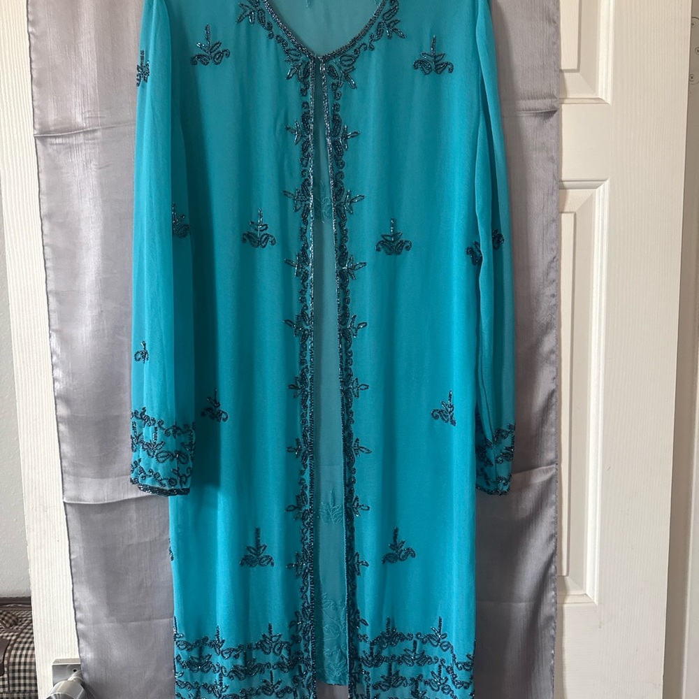 Elegant Teal Embroidered Midi Over Dress Open Front.